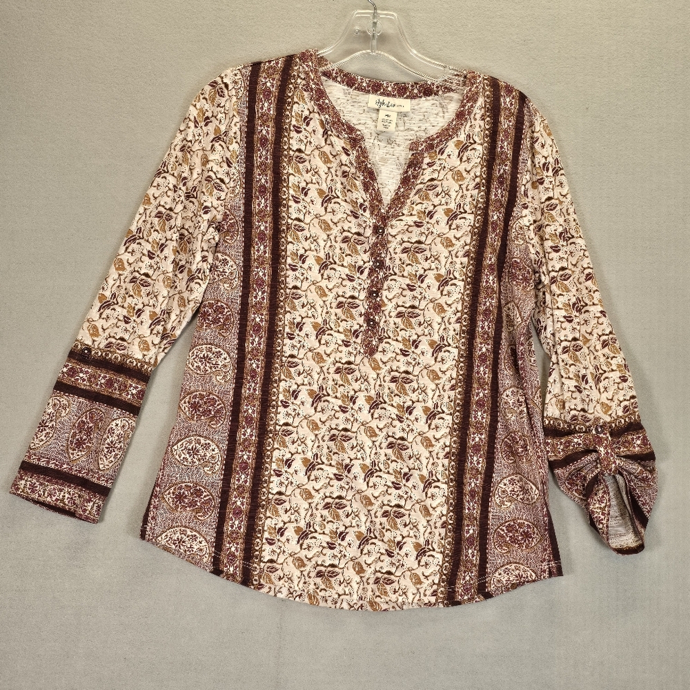 Style And Company Ivory And Burgundy Geometric Print Blouse Size PM